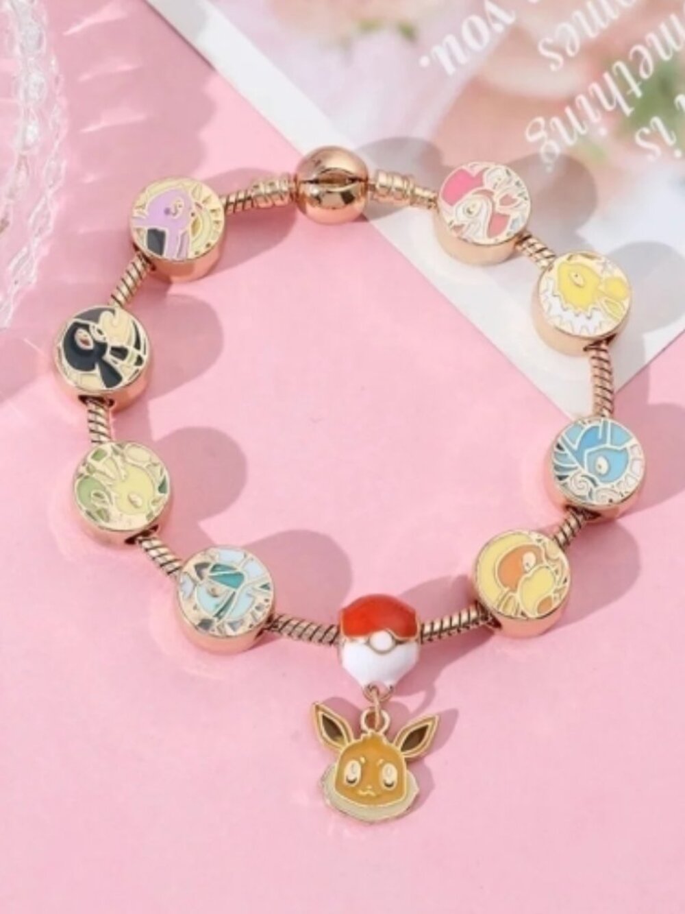 Gold Plated & Enameled Pokémon Eevee Eeveelution Themed Charm Bracelet